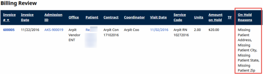 The Billing Review results displays an invoice with On Hold Reasons emphasized in the rightmost column such as Missing Patient Address.